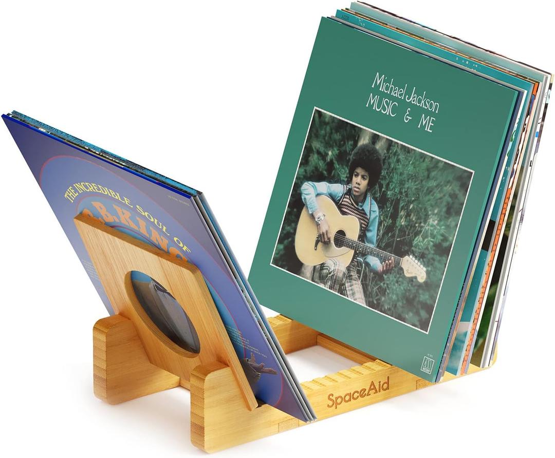 SpaceAid Bamboo Vinyl Record Storage Holder Shelf, Holds Up to 50 Albums, 7 or 12 inch LPs, Vinyl Holder Stand Organizer Display Accessories, Gifts for Vinyl Records Lovers (Natural) (Medium)