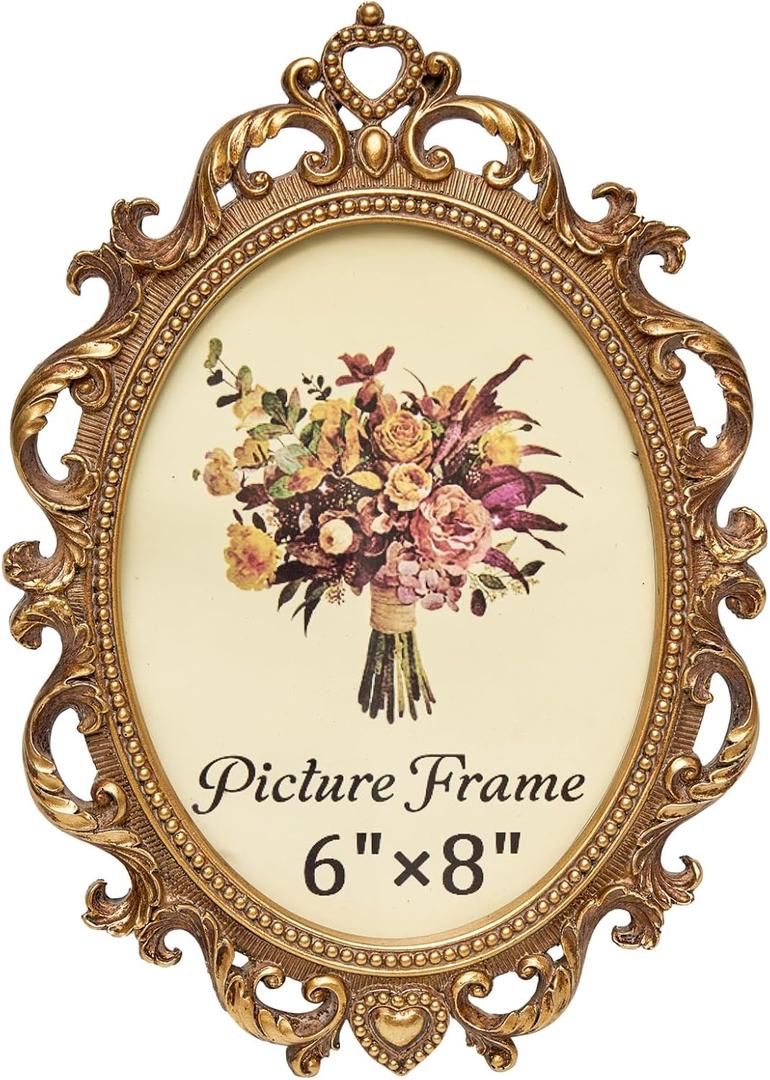 JANDERART Vintage Oval Picture Frame 6x8 Inch, Antique Ornate Photo Frames with Glass Front, Scroll Design, Tabletop & Wall Hanging, Photo Display, Gift Ideas, Gold