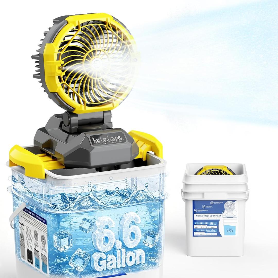 Portable Misting Fan with 6.6 Gallon Bucket,30000mAh Rechargeable Battery Powered Floor Cooling Fan with 4 Strong Winds & 4 Spray Mister,Outdoor Oscillation Fan for Camping/Patios/Beach/Worksite