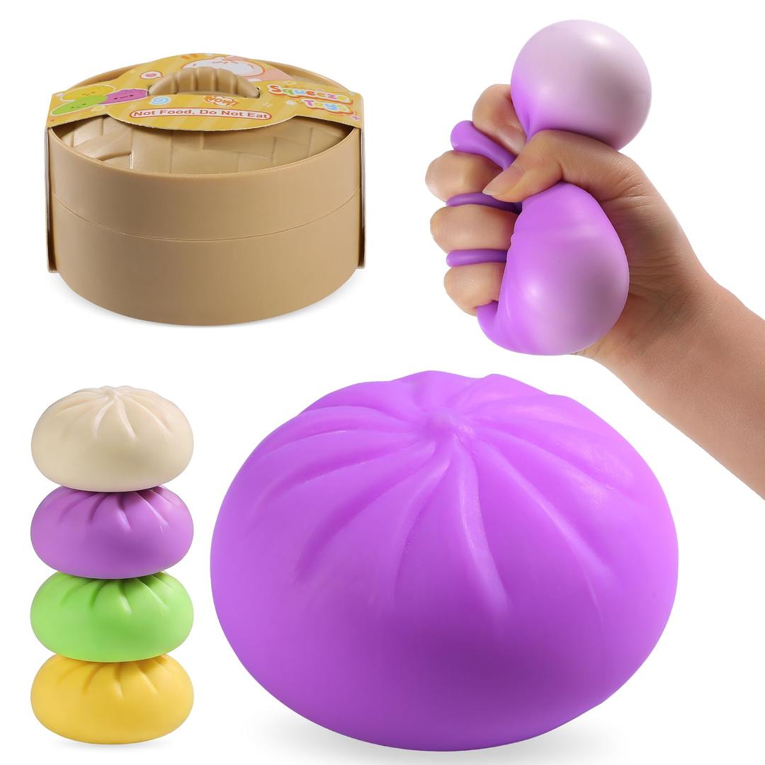 Dumpling Squishies Toy, Giant Glitter Dumpling, Colorful Steamed Bun Stress Balls Fidget Sensory Toy,Squeeze Dough Ball Stress Relief Hand Toys with Food Steamer Stretchy Desk Toys (