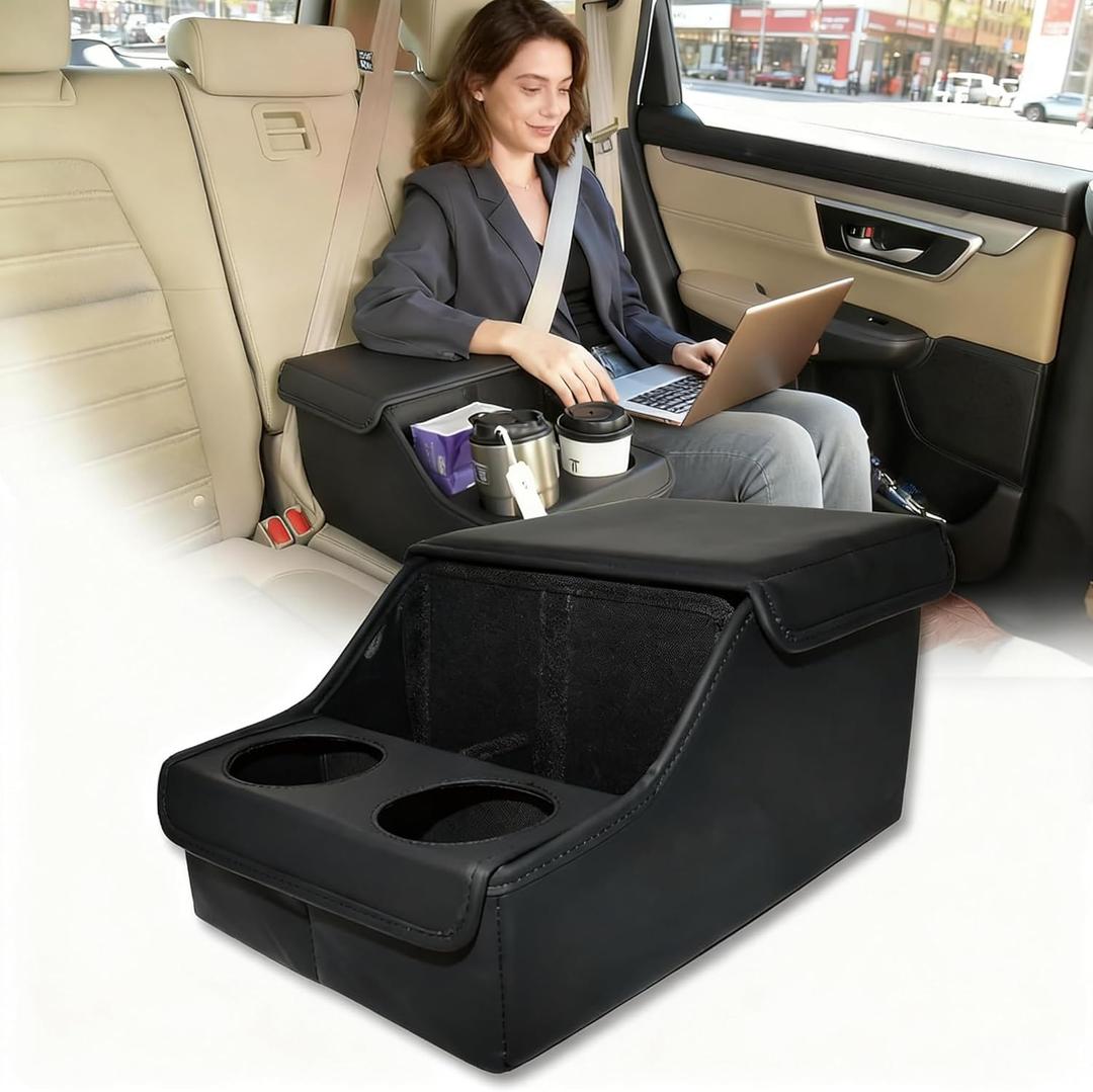 Backseat Car Organizer, Middle Seat Organizer With 4 Storage Compartments 2 Cup Holders, Back Seat Center Hand Rest Toy Storage for Toddler Kids Family Travel Roadtrip Essentials for SUV Truck Van