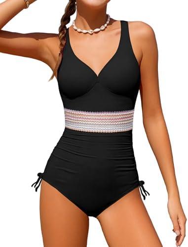 Doumlop Girls One Piece Swimsuits Color Block Girls Swimsuit V Neck Girls Bathing Suit Drawstring Girls' Swimwear, 15-16 Years