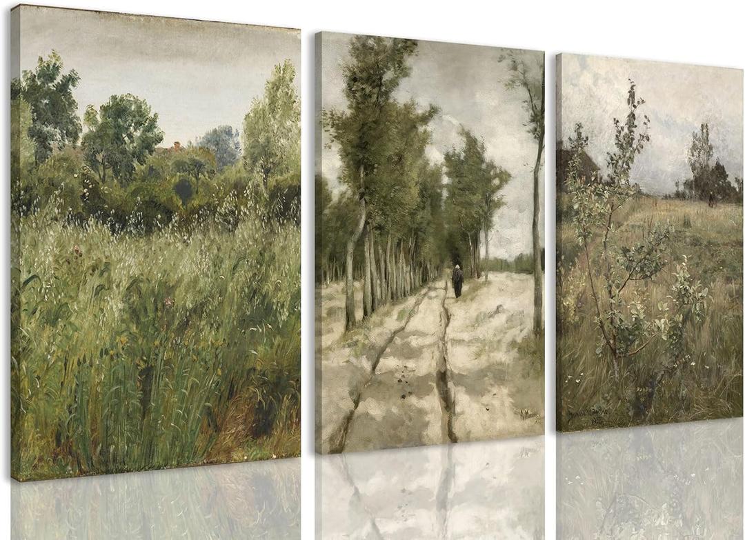 IBHJSART Framed Canvas Vintage Wall Art,Landscape Decor Prints,Set of 3 Nature Countryside Art Retro Painting Fields Tranquil Pictures Artwork Rustic for Living Room Bedroom Bathroom (12"x16")