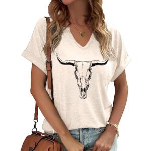 Summer Sexy V-Neck Vintage Western Rodeo Cowboy Steer Skull Shirt for Women Casual Boho Cowgirl Boots Graphic Tees (Beige, M)