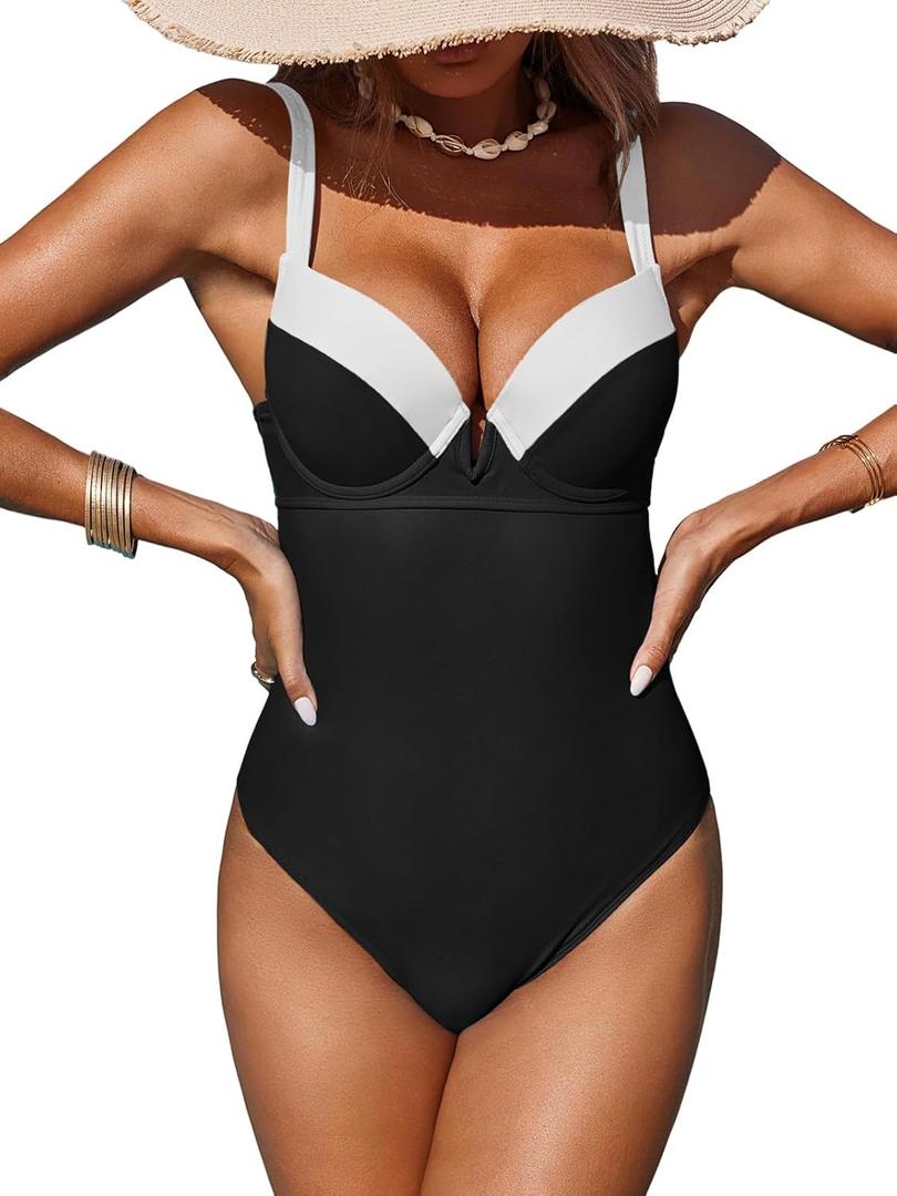 Fisoew Women One Piece Tummy Control Swimsuits Retro Slimming Colorblock Back Tie Vintage Bathing Suits (Small, Black) Fisoew Women One Piece Tummy Control Swimsuits Retro Slimming Colorblock Back Tie Vintage Bathing Suits (Small, Black)