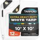 10' x 10' Extra Heavy-Duty White Poly Tarp 12 Mil Thick, Waterproof, UV-Resistant Polyethylene with Reinforced Edges, Double-Stitched Hems, and Rustproof Grommets