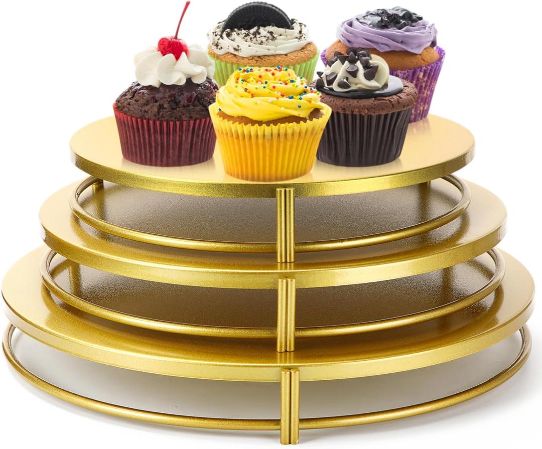 Wenqik 3 Pack Gold Cake Stands 16'' 14'' 12'' Round Metal Cupcake Display Stands Dessert Trays Table Decoration Cookies Serving Plates with Modern Design for Wedding, Birthday, Party, Celebration