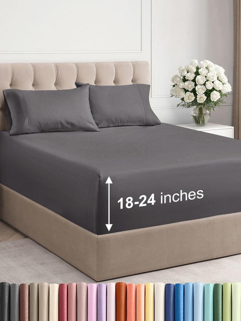 CGK Linens Extra Deep Pocket King Sheets - 4 Piece Breathable & Cooling Bed Sheets - Hotel Luxury Bed Sheet Set - Super Soft, Wrinkle Free and Comfy - Fits Extra Deep Mattresses - Dark Grey Sheets Set