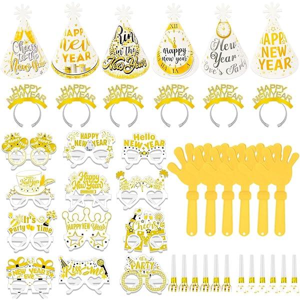 HOWAF New Years Eve Party Supplies 2026 White Gold 2026 Glasses New Years Hats Happy New Year Headband Tiara Blowouts Hand Clappers NYE Party Favors Accessories Kit for Happy New Year Decorations