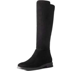 Shoe'N Tale Women's Knee High Boots Flat Low Heel Stretchy Round Toe with Side Zipper (9, Black)
