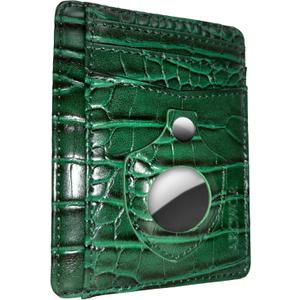 Slim Wallet AirTag Holder Minimalist Front Pocket RFID Blocking Men and Women Leather Wallets, Green-Crocodile