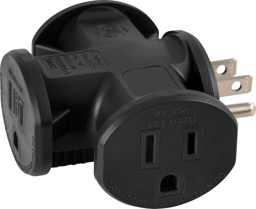 GE 3-Outlet Extender, T-Shaped Adapter Spaced, Outdoor Rated, Grounded Wall Tap, 3-Prong, Multiple Plug, Power Splitter, Cruise Essentials, Use for Home Office School Dorm Garage, Black, 50872