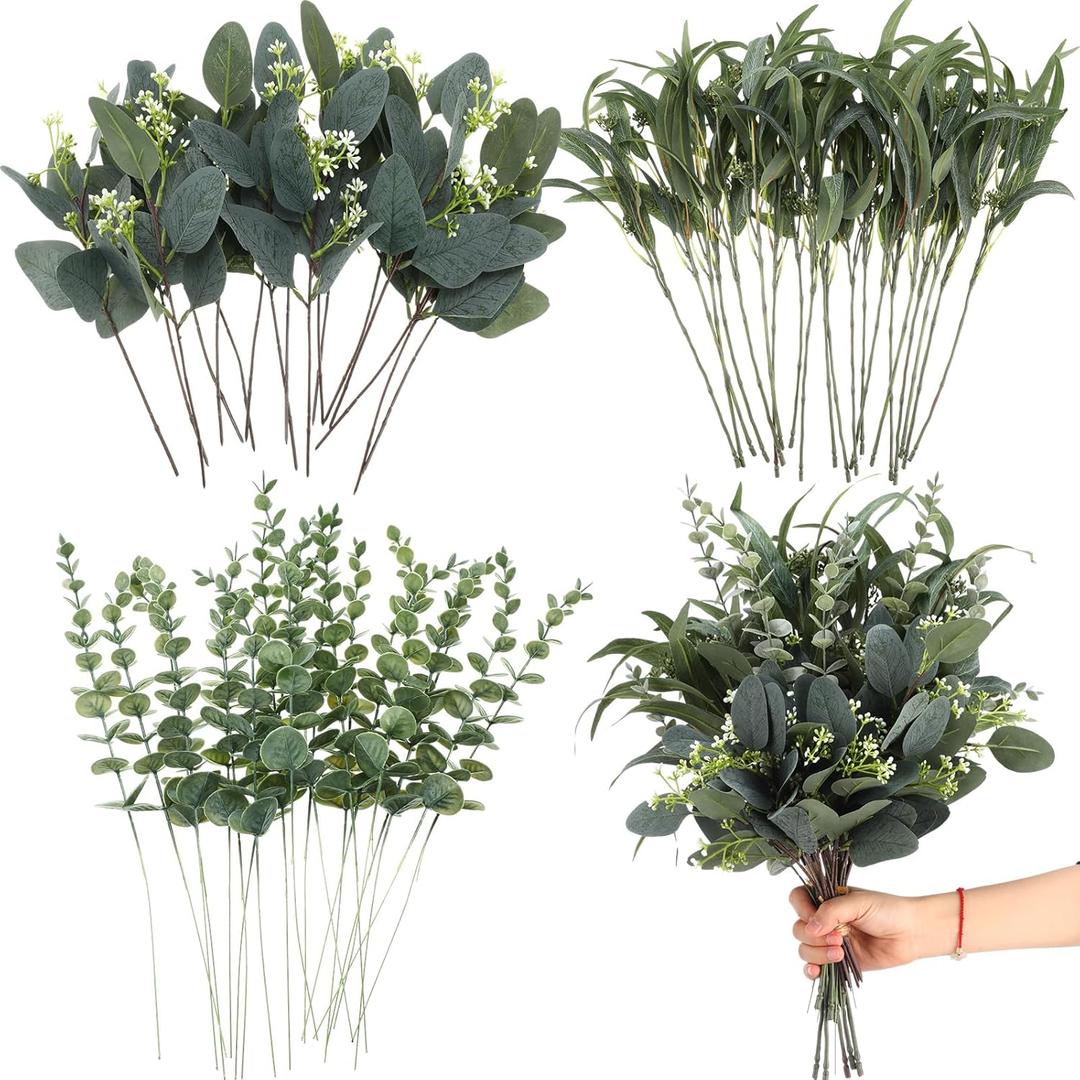 Zeyune 60 Pcs 3 Kinds Mixed Eucalyptus Leaves Stems Bulk Fake Greenery Artificial Silver Dollar Picks Dried Eucalyptus Bundle for Wedding Centerpiece Bouquet Floral Arrangement Vase Branches