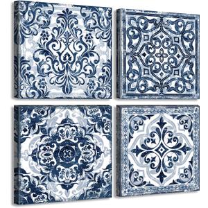 DJSYLIFE Bathroom Wall Decor Navy Blue Flower Paintings Canvas Prints Decoration Vintage Wall Art for Bedroom Framed Ready to Hang 12" Wx12 Hx4 pcs