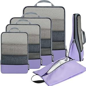 BAGAIL 4 Set/ 6 Set/ 8 Set Compression Packing Cubes Travel Accessories Expandable Packing Organizers (Half Mesh, 6-Lavender)