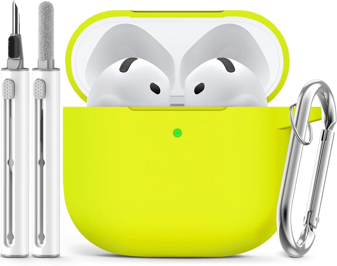Ljusmicker for AirPods 4 Case 2024 with Cleaner Kit,Soft Silicone Protective Cover for Apple AirPods 4th Generation Cases for Women Men,for AirPod 4 Case Accessories with Keychain-Neon Green (Fluorescent Green)