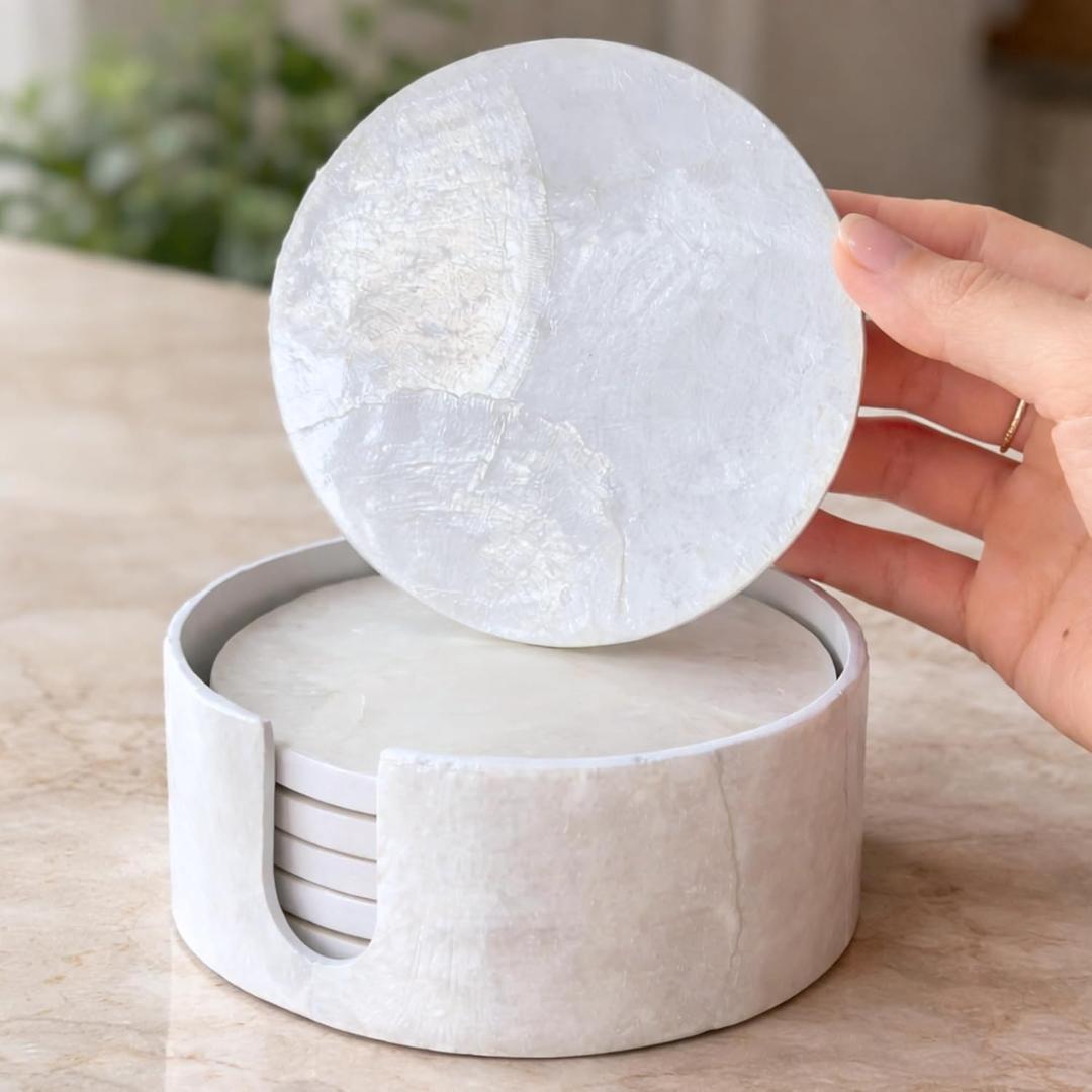 CHI AN HOME 4" White Capiz Shell Decorative Coasters Set of 6 with Holder, Round Coastal Farmhouse Coasters for Coffee Table Decor, Modern Cute Drink Coasters Housewarming Gift