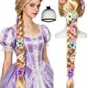 Wig Cap + Long Blonde Braided Wigs with Flowers for Cosplay 80cm/32Inch Fairytale Ball Blonde Princess Wigs Fairy Tale Long Braids Costume Wig for Halloween Party Christmas Birthday Outfit