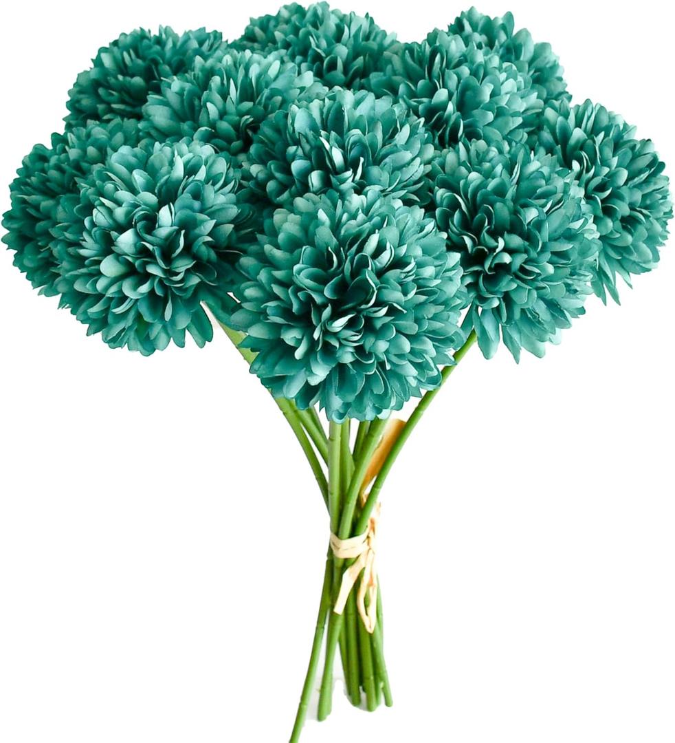 Mandy's 12 pcs Teal Artificial Chrysanthemum Flower Balls 12" Silk Fake Flowers for Indoor Outdoor Decor Wedding Mother's Day Spring New Year Home Kitchen Party Decorations