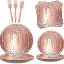 Rose Gold Party Plates and Napkins Set  Pink Birthday Decorations, Diamond Theme Supplies  Serves 24 Guests