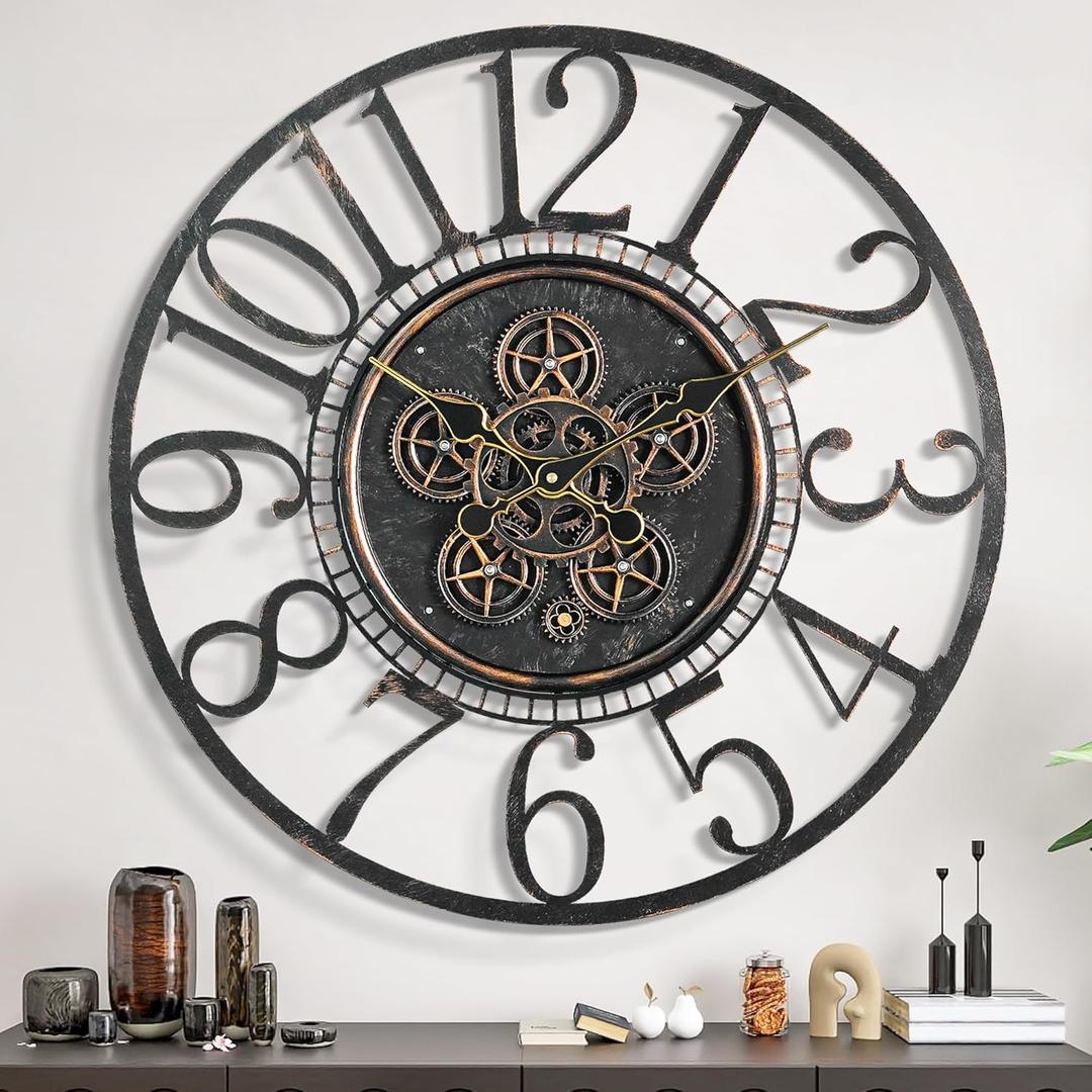 Maxstar Large Moving Gear Wall Clock for Living Room Decor,Vintage Industrial Steampunk,Metal Wall Clock Decorative for Home Office, Dinning Room,Farmhouse(Bronze Copper,Arabic Number,30 INCH)