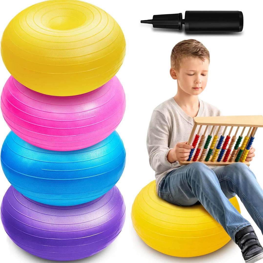 Lewtemi 4 Pcs Flexible Seating for Classroom Elementary 20 Inch Yoga Ball Chair Inflatable Donut Ball Chair with Inflator for Kids Student Sensory Balance Office Exercise(Fresh Color)