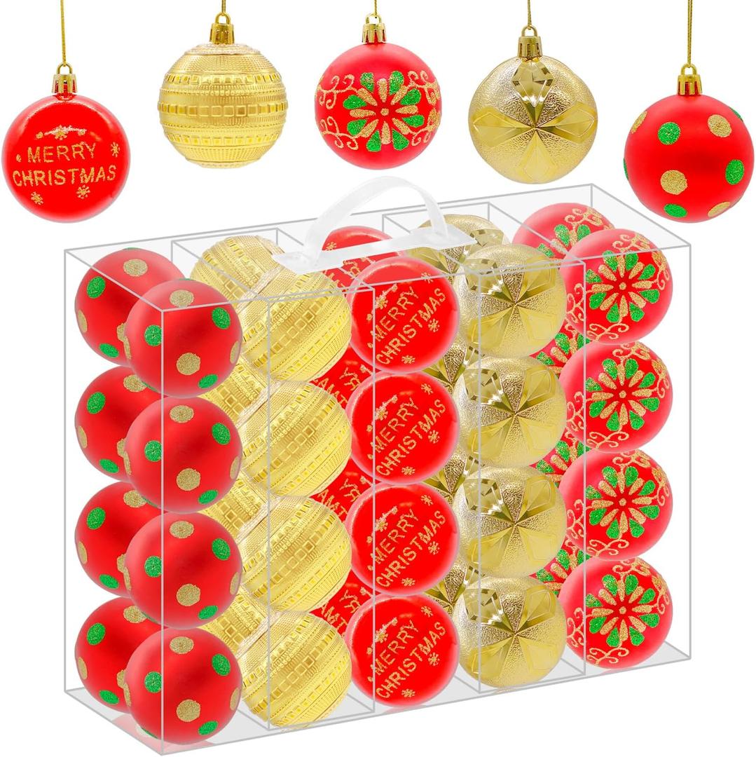 40PCS 2.36" Christmas Balls Ornaments, Plastic Christmas Tree Ornaments, Holiday Baubles, Hanging Decorations for Xmas Trees Holiday Party, Gold Red Baubles