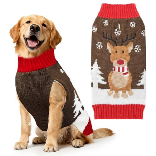 HRTTSY Dog Christmas Sweater Cute Reindeer Cat Puppy Sweaters Soft Warm Fall Winter Dogs Clothes Brown Ugly Xmas Pet Sweatshirt Knitted Doggie Vest Outfit for Small Medium Large Dogs (Brown,XL)