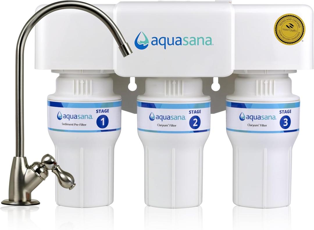 Aquasana Under Sink Water Filter | 3-Stage Filtration | Certified to Reduce up to 99.99% of PFAS, Lead, Chlorine, & More | Under Counter Drinking Water Filter | Brushed Nickel Faucet | AQ-6300-BN