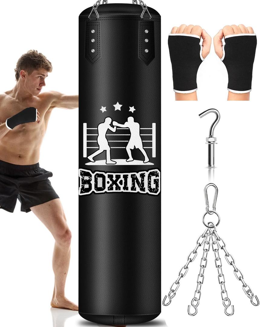 Punching Bag for Adults, 4FT PU Heavy Boxing Bags with Chain Ceiling Hook, Hanging Boxing Bag for Kickboxing Muay Thai Karate Judo Taekwondo Home Gym Training, Unfilled