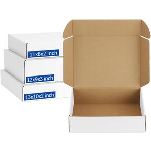 Assorted-Sizes-Shipping-Boxes-24-Pack: 11x8x2 & 12x9x3 & 13x10x2 Small-Shipping-Boxes-Mailers, White Corrugated-Cardboard-Boxes-for-Packing-Small-Business Mailing