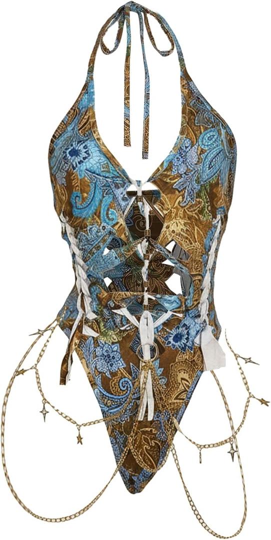 Floerns Women's Gothic Cut Out Lace Up Bodysuit Going Out Halter Neck Rave Body Suits Blue Medium