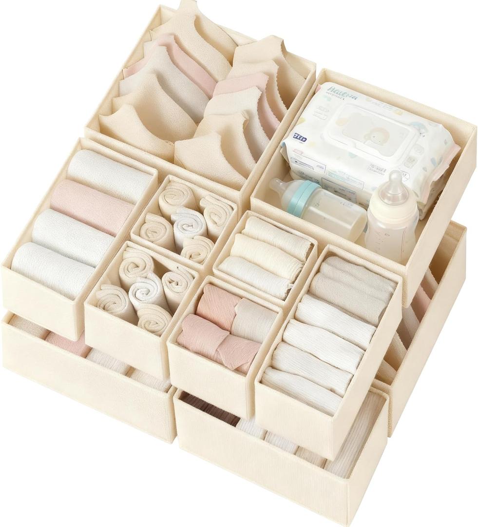 Criusia Drawer Organizer Clothes 12 Pack, Dresser Organizer for Nursery Bedroom Closet Organization and Storage - Baby Clothes Organizer Bins - Drawer Divider for Sock Underwear Bra Ties (Beige)