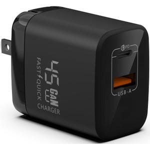 Fast 45W Dual USB-C Plus USB-A Charger - GaN Power Delivery - Fast Compact Power Adapter for Laptops, Smart Phones, Tablets and Thousands of Other Devices (Black, 45W)