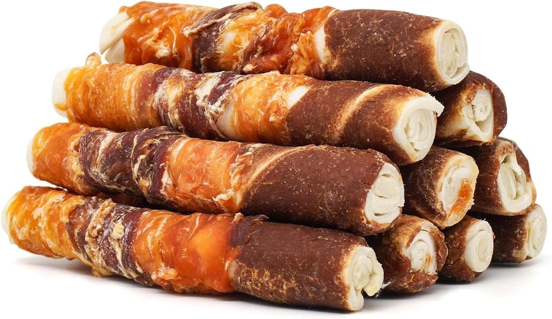 MON2SUN Dog Treats, Triple Flavor 6 Inch Chicken Liver Duck and Chicken Wrapped Rawhide Sticks, Teeth Cleaning Snacks for Medium Dogs, 17.6 oz, BBD: Jun 10/2027 (10 Count-Pack of 1)