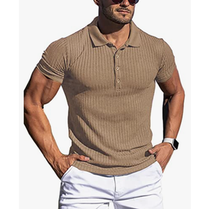 AstoSeu Men's Polo Shirts Short Sleeve Stretch Workout Tee Casual Slim Fit Muscle T Shirt Khaki, 3XL