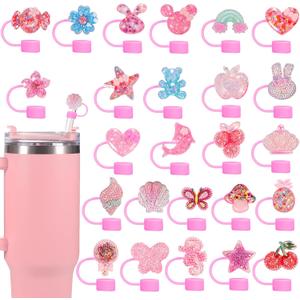 25 Pack Cute Silicone Straw Cover Cap for Stanley Cup Accessories, 10mm Topper Compatible With 30&40 Oz Tumbler, Shiny Modern Covers