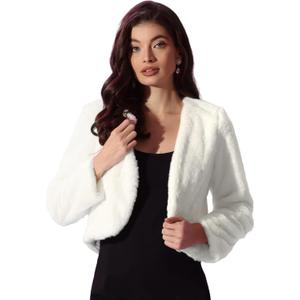 Allegra K Cropped Jacket for Women's Faux Fur with Pockets Long Sleeve Open Front Wedding Bolero Gowns Coat (Medium, White)
