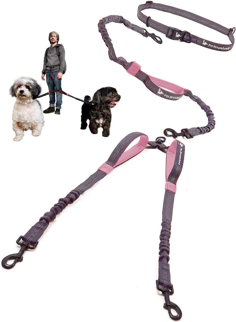 Pet Dreamland Exquisite Hands Free Dual Dog Leash for Medium Dogs. Trending Waist Leash for Walking 2 Dogs No Tangle. You Will Absolutely Love This Amazing Double Dog Gear (Dark Grey & Pink) Two Medium Dogs (20-35 lbs each)
