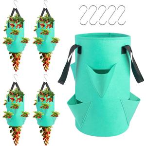 5 Pack Upside Down Strawberry Hanging Planter, 3 Gallon Tomato Hanging Grow Bags with 5 Hooks, Hanging Tomato Strawberry Grow Planters Vegetable Planting Bags with 6 Planting Holes for House Garden