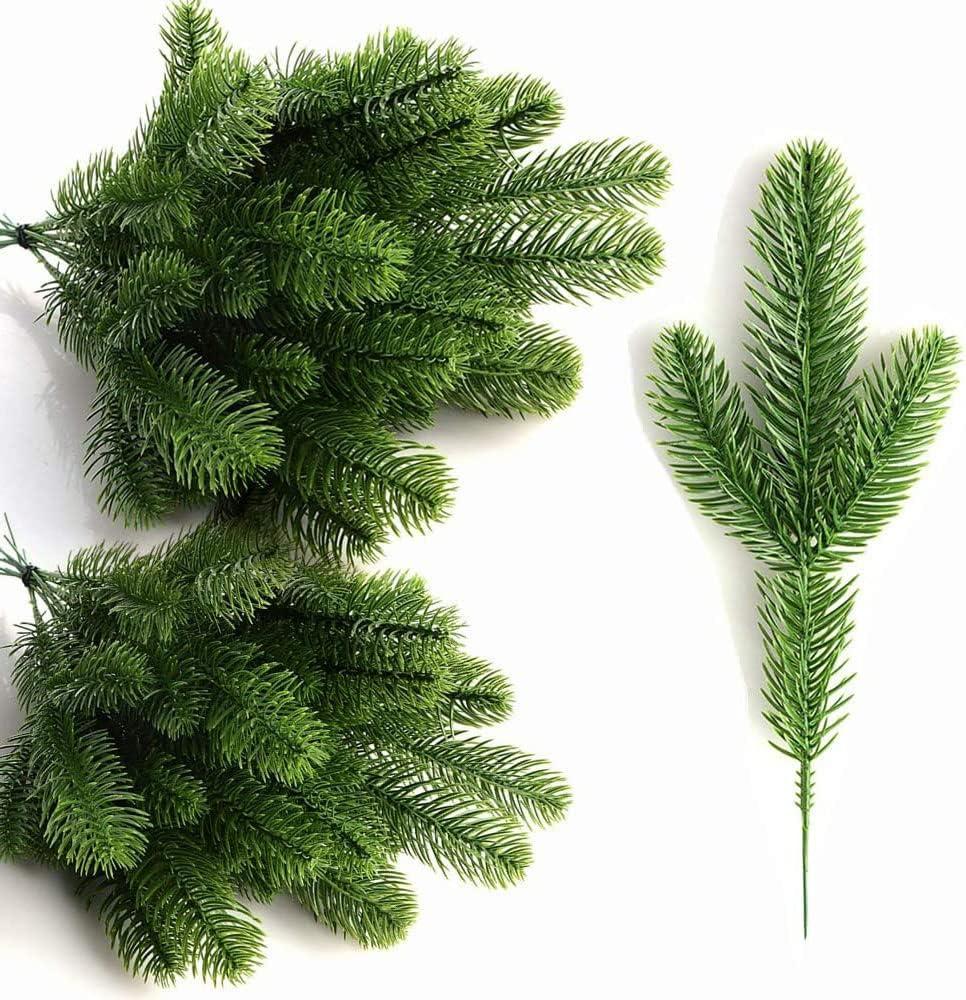 KLEWEE 60 Pcs Artificial Pine Branches, Christmas Tree Filler Branches, Realistic Faux Christmas Greenery Green Plants Pine Picks and Stems for Christmas Decorating Crafts Vase DIY Wreath Garland