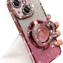 Changjia Glitter Kickstand Case for iPhone 15, Luxury Bling Sparkly Diamond Rhinestone with Camera Lens Protector Liquid Flowing Ring Stand TPU Bumper Slim Women Girls Case for iPhone 15 6.1" (Pink)