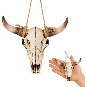 Halloween Cow Skull Wall Decor,Dearded Dragon Tank Decor Flooring Accessories, Mini Cow Skull with Horns, Cow Head Skull with Rope, Fish Tanks, Cars, Etc.(Brown)