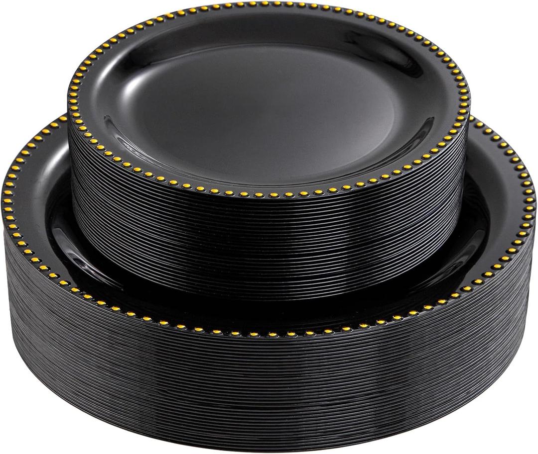 Rubtlamp 60Pcs Black Gold Plastic Plates, Black Disposable Plates With Gold Beaded, Heavyduty Plastic Plates, Halloween Plates Include 30 Dessert Platos, 30 Dinner Platos for Party