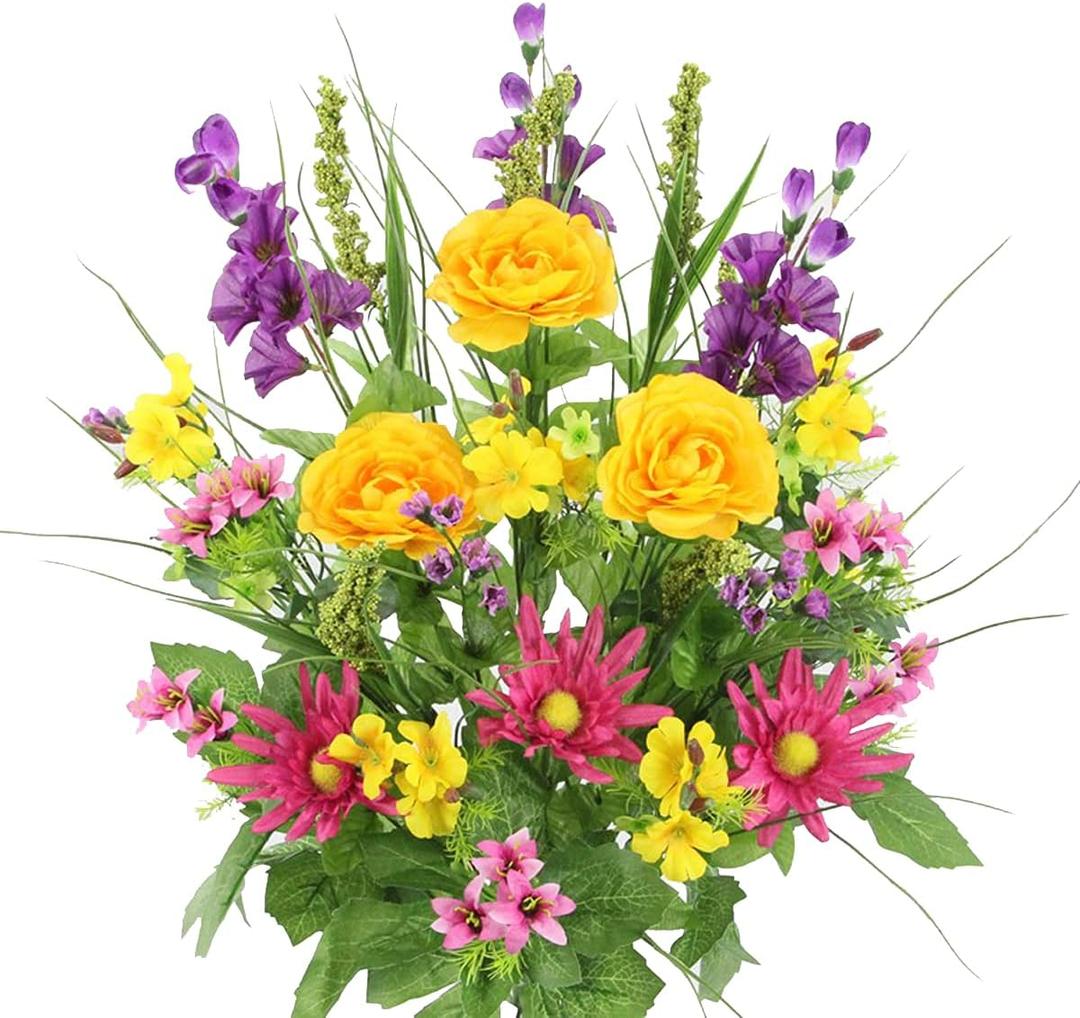 Admired By Nature 30 Stem Artificial flowers Morning Glory & Ranunculus Bush Spring Faux Flower Arrangement for Outdoor & Indoor Wedding home decor, Cemetery Decorations For Grave, Summer Mix (Large)