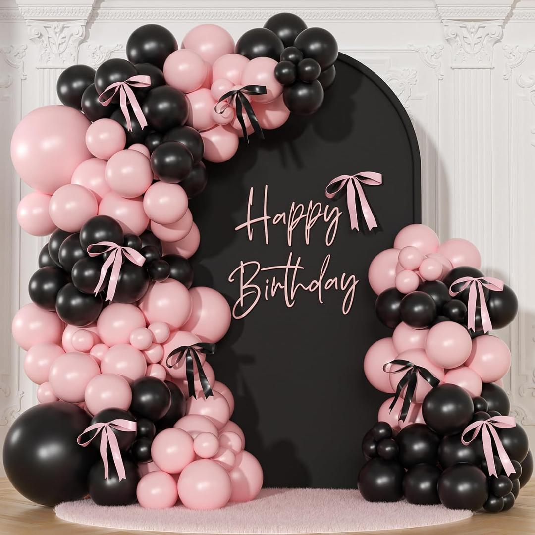 Pink Black Balloon Garland Arch Kit, 141Pcs Pink and Black Balloons Different Sizes 18 10 5 Inch and Bows for Coquette Birthday Wedding Baby Shower Bridal Shower Party Decorations