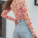 Women's Sheer Floral Long Sleeve Layering Top Ruffled Mock Neck Sheer Blouse for Casual Brunch Party Club Night Date Outfits (Floral Pink White)