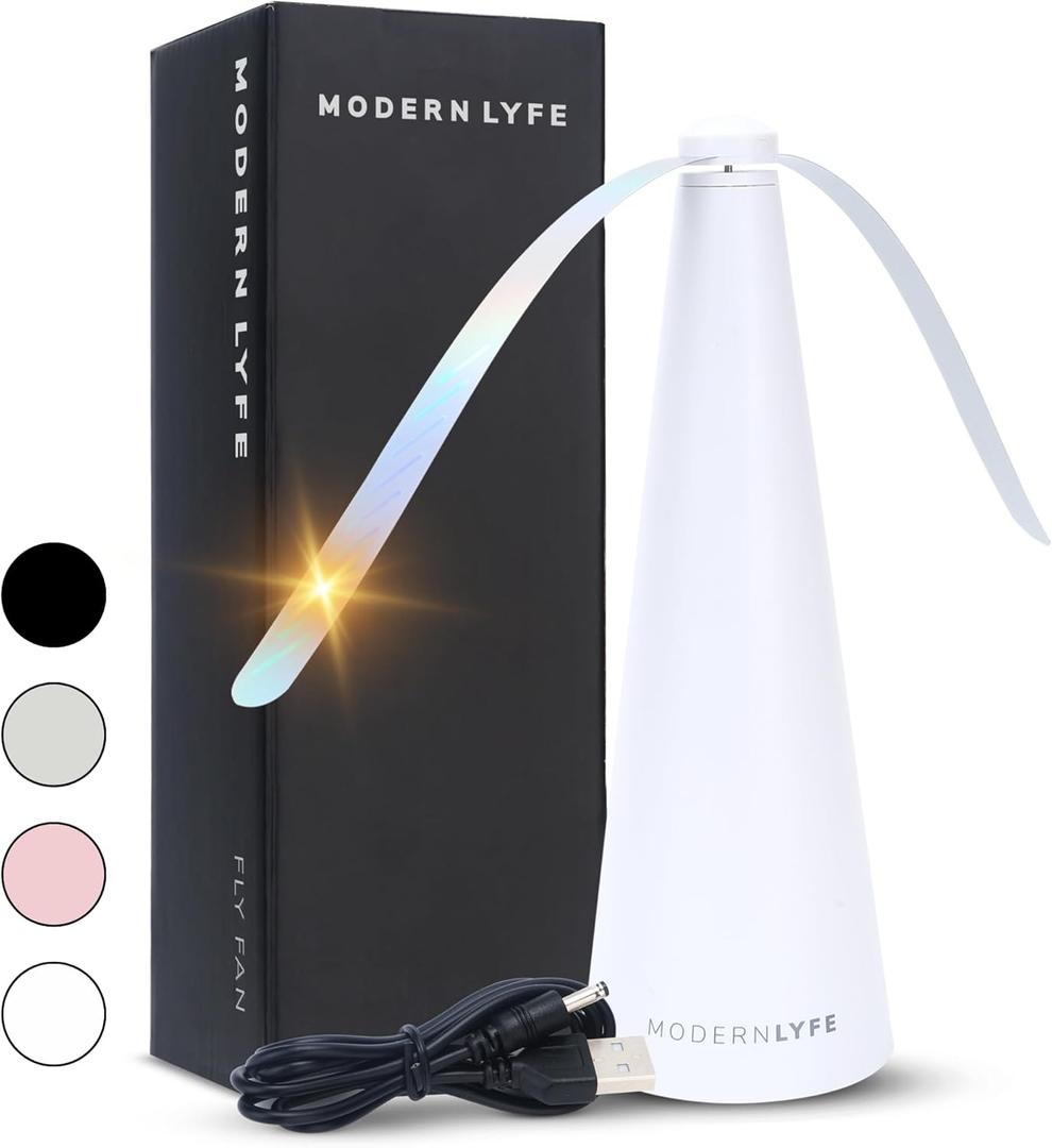 Fly Fans for Tables by Modern Lyfe - AA Battery & USB Powered - Fly Swatter Outdoor Camping Accessory Or for Food at Parties, Restaurants & Picnics, Bug Fan, Spinner Keeps Flies Away (1 Pack - White)