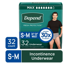 Depend Fresh Protection Adult Diapers, Incontinence Underwear for Men, Disposable, Maximum, Small/Medium, Grey, 32 Count