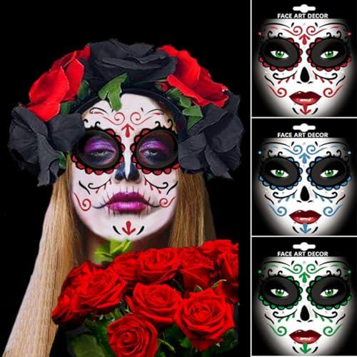 Day of the Dead Face Sticker Makeup Kit, 3 Packs Halloween Glitter Sugar Skull Roses Temporary Tattoos for Adults Women Men Kids, DIY Skull Full Face Mask Stickers for Halloween Party Cosplay Supplies